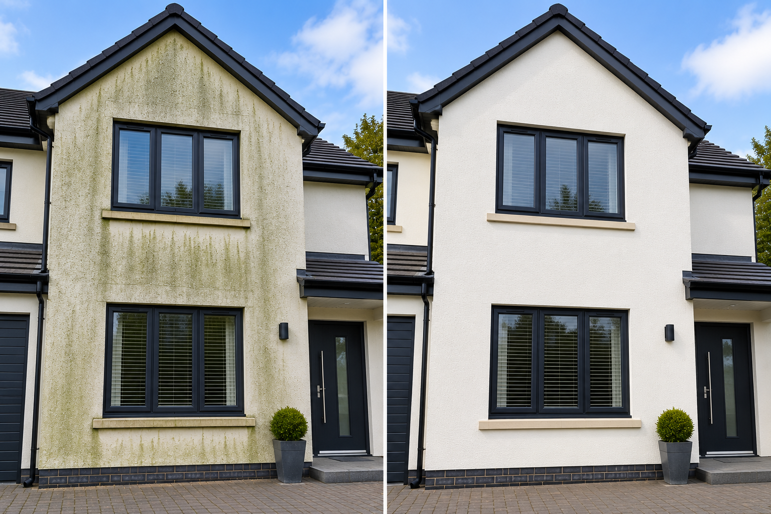 Before and after K Rend cleaning showing restored white render following professional soft washing treatment