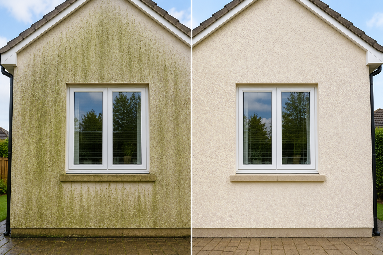 Before and after render cleaning showing heavy green algae removed from the rendered gable wall of a residential property